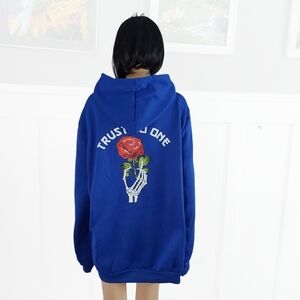 New Blue Unisex Hoodie With Back Gothic skeleton hand print & rose,size 2X
